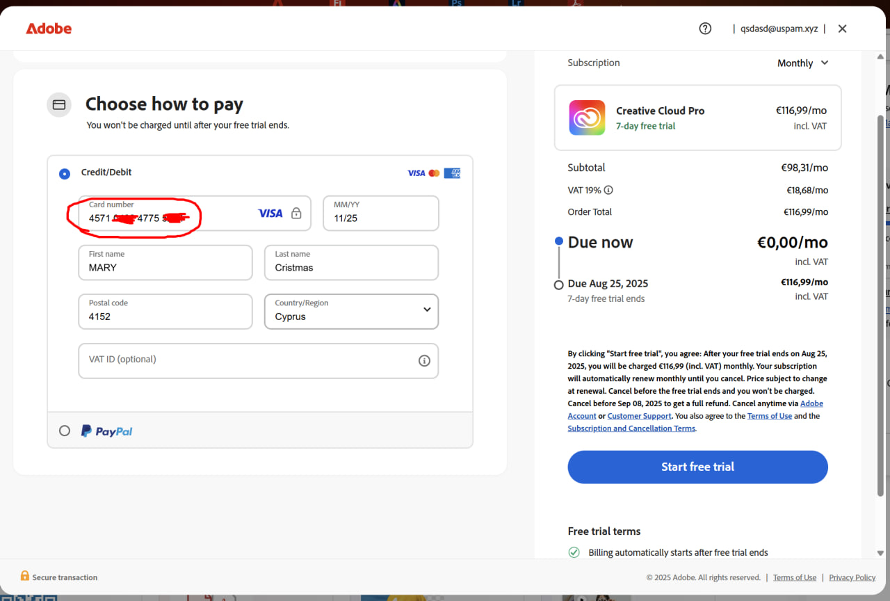 Adding a card for Adobe Trial