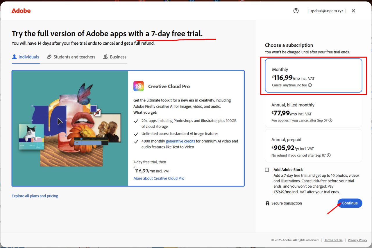Adobe Trial Plan Selection